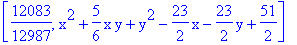 [12083/12987, x^2+5/6*x*y+y^2-23/2*x-23/2*y+51/2]